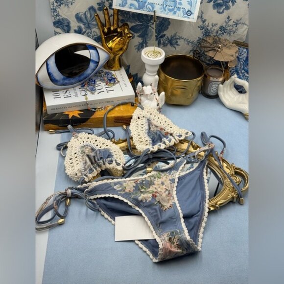 🆕 ZIMMERMANN 🧿 NWT Cascadian Crochet Tri Bikini, Blue Botanical - Sz 3 US6/8 - Picture 12 of 16